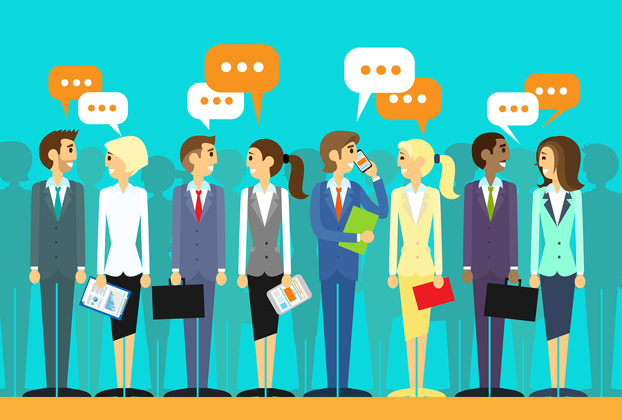 business people group talking discussing chat communication social network flat icon design vector illustration